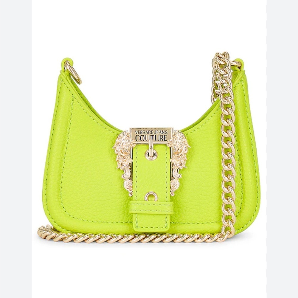 VERSACE JEANS COUTURE top buckle bag gold green, mini purse logo chain revolve